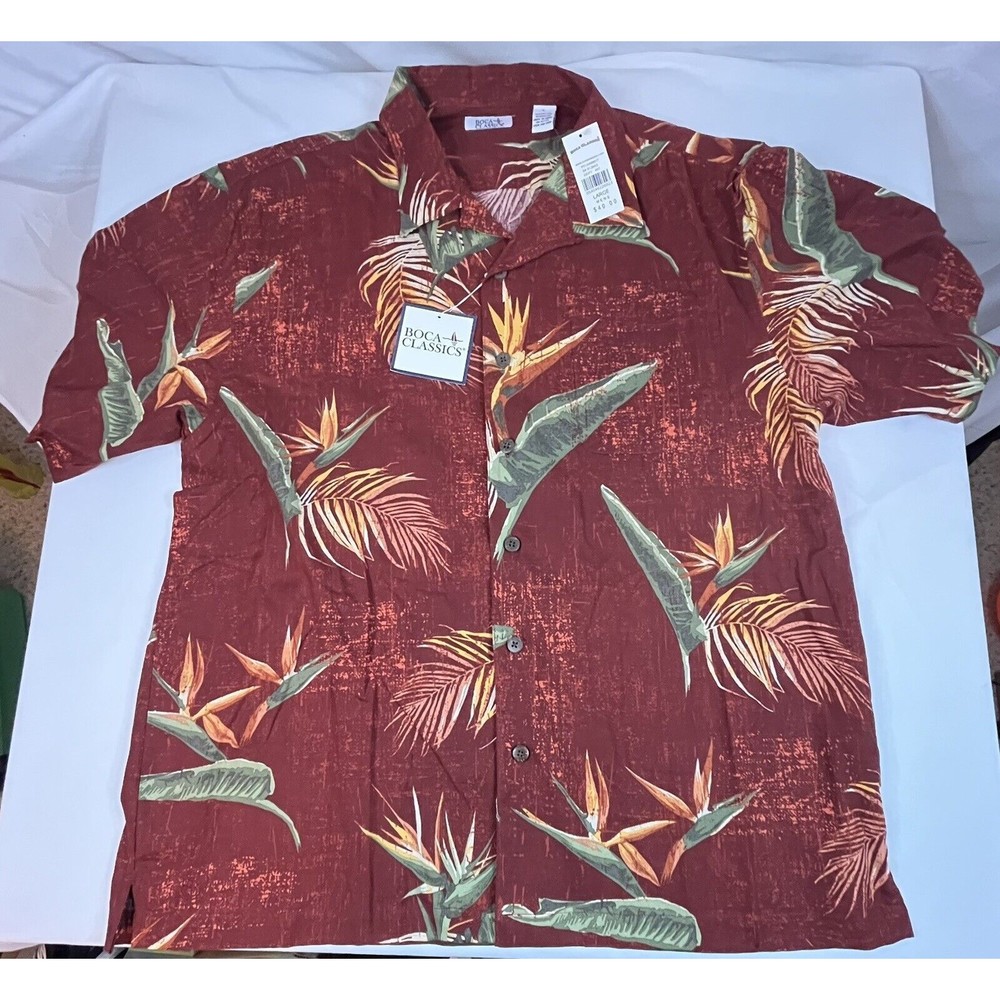Vintage Boca Classics Shirt Men's L Maroon Short Slv Button Up Bird Of Paradise